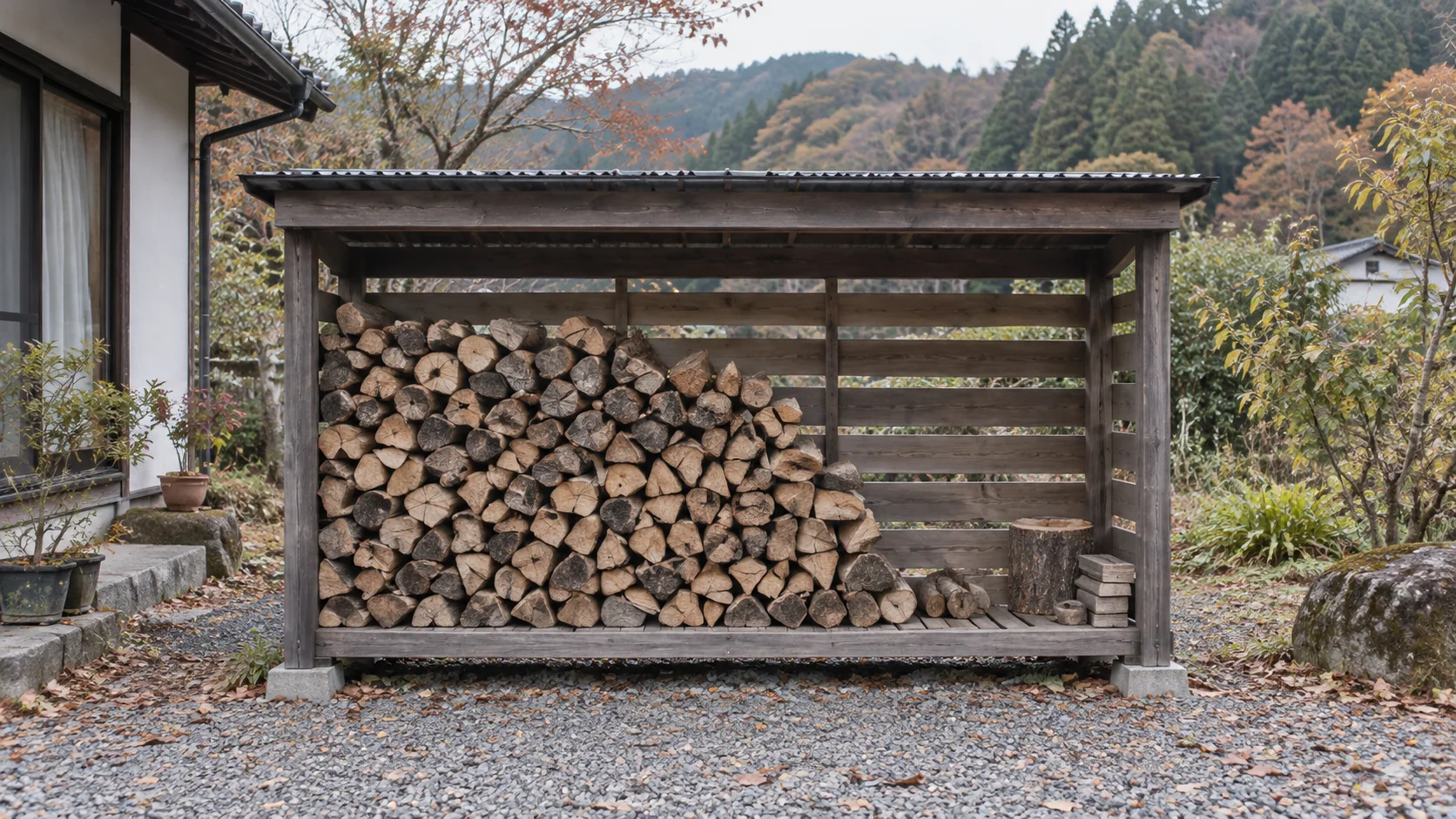 使いかけの薪が残る屋根付き薪棚