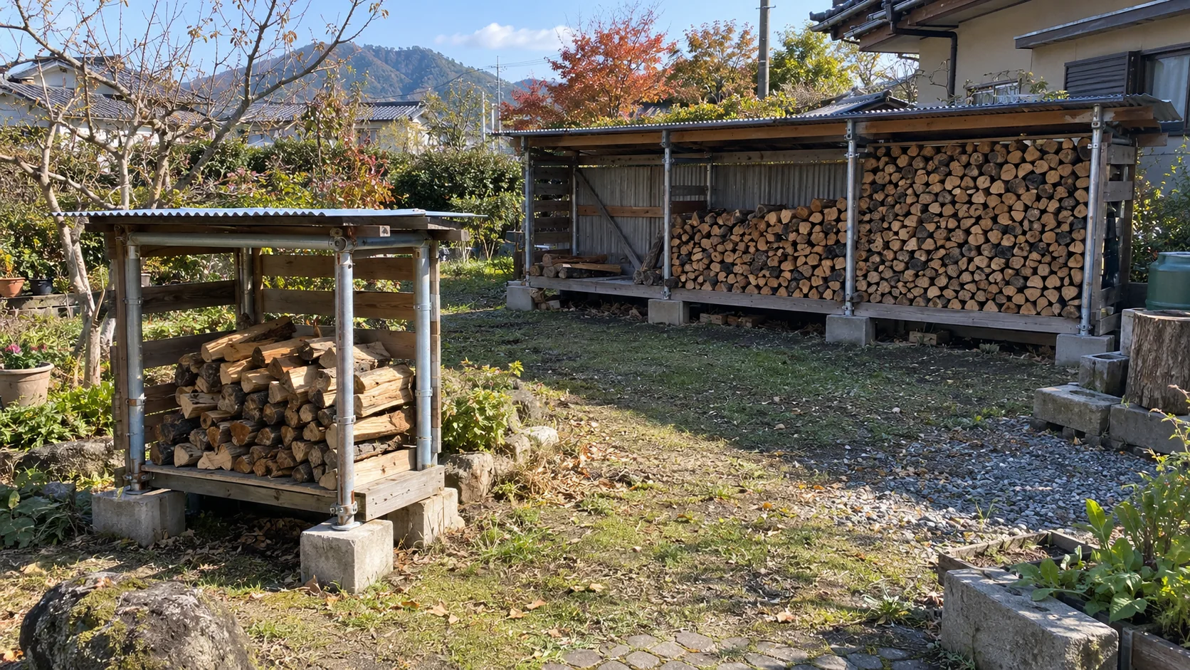 小型棚と3区画の大型棚がある庭
