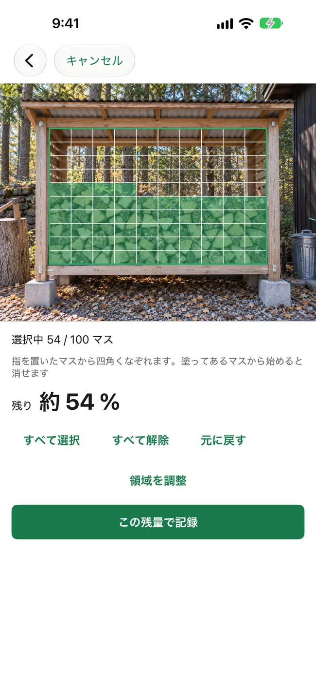 薪棚の内側の方眼を選び、残量を約54％として記録する実画面